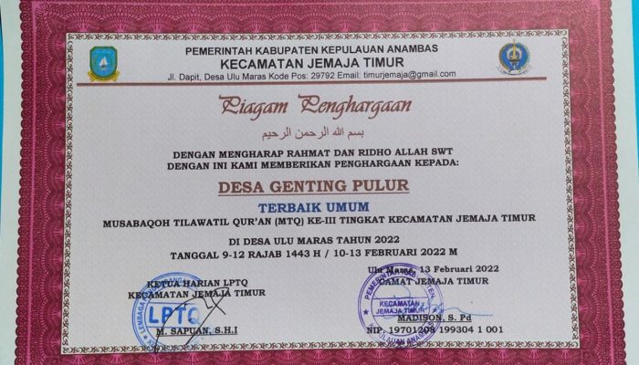 Desa Genting Pulur Raih Juara Umum MTQ tingkat Kecamatan Jemaja Timur