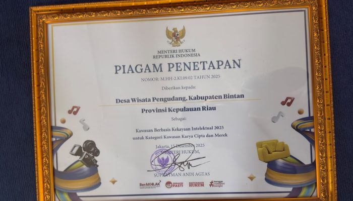 Desa Pengudang Ditetapkan Jadi Kawasan Berbasis Kekayaan Intelektual, Pemkab Bintan Terima Piagam dari Kemenkumham Kepri