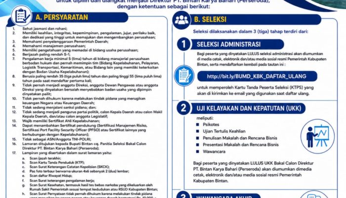 Pemkab Bintan Buka Seleksi Pimpinan PT Bintan Karya Bahari