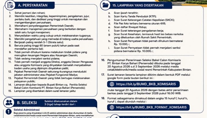 Pendaftaran Pimpinan PT Bintan Karya Bahari Diperpanjang